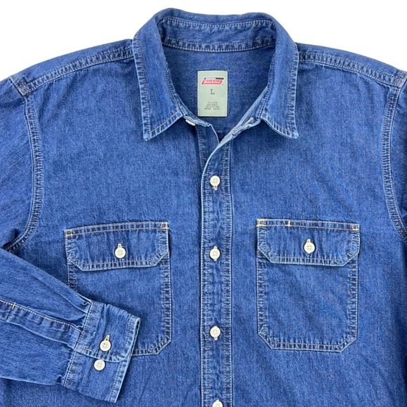 Dickies Denim Shirt Men's LARGE Blue Long Sleeve Button Western Workwear Pockets - Picture 1 of 8